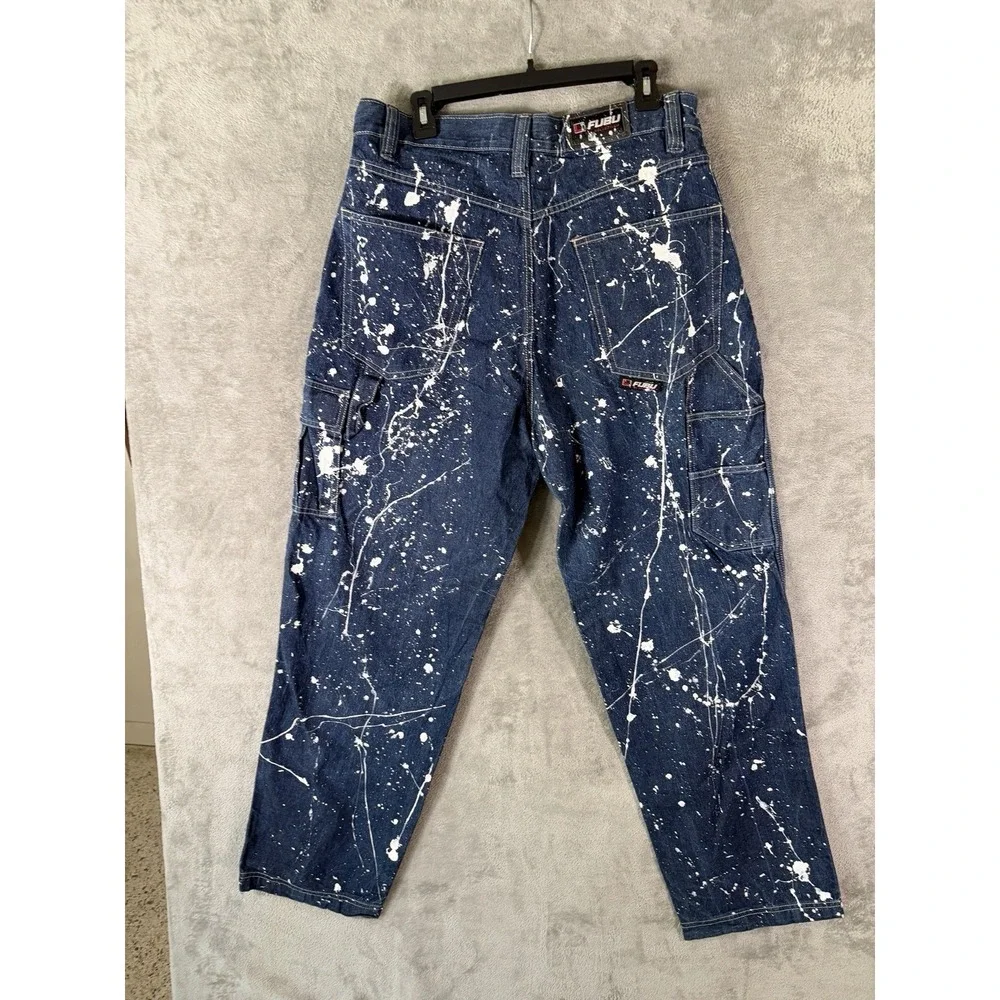 FUBU 90s Vtg‎ BAGGY Carpenter Blue Jeans 36x34 Rap Hip-Hop Paint Splatter